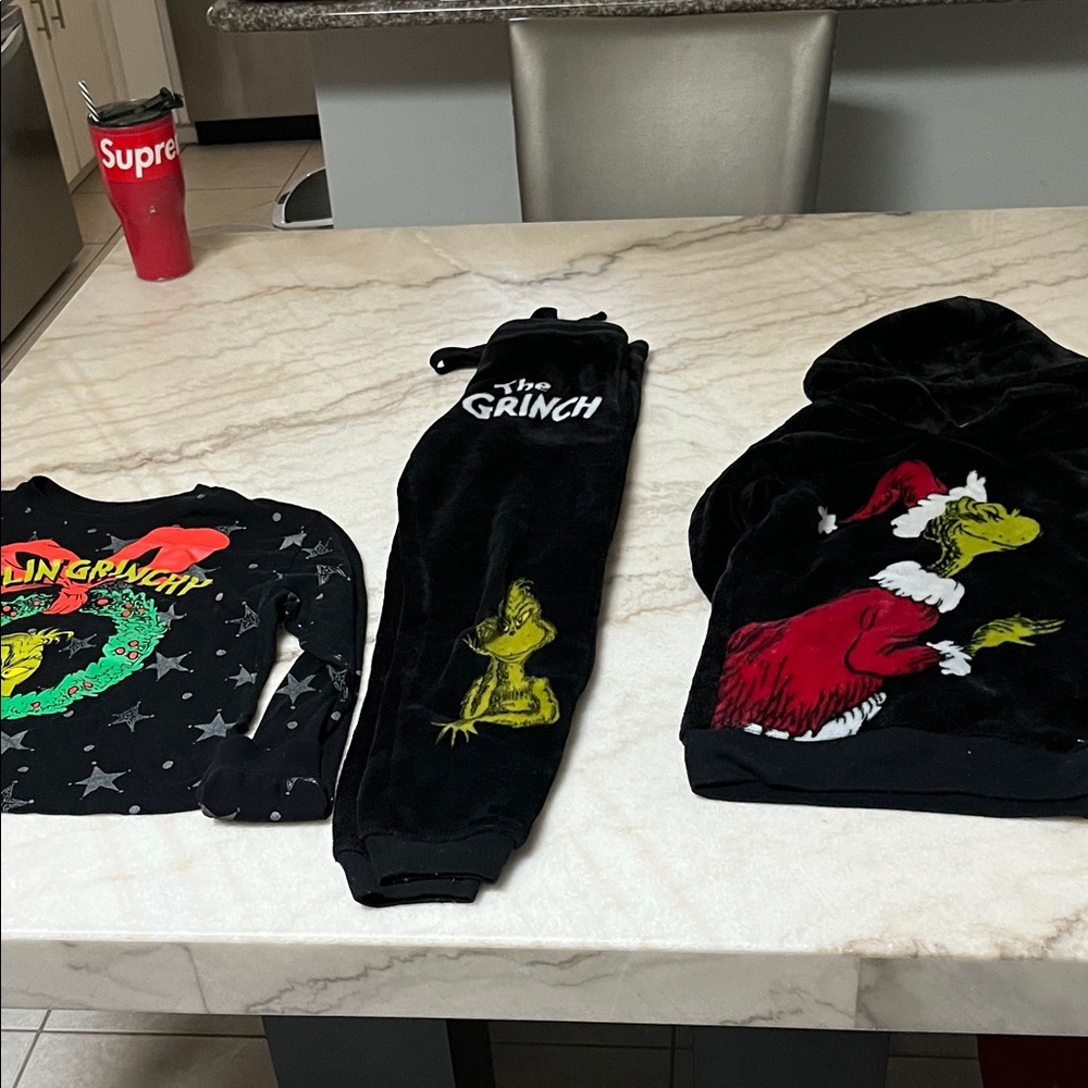 The Grinch 3 piece, super fuzzy sweat suit and long sleeve tee